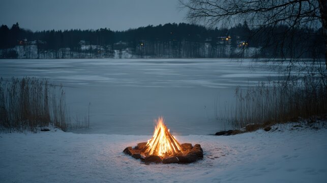 Winter Campfire by Frozen Lake: A crackling campfire glows warmly on a snow-covered shore, casting a cozy light against the backdrop of a frozen lake and a silhouette of distant trees.