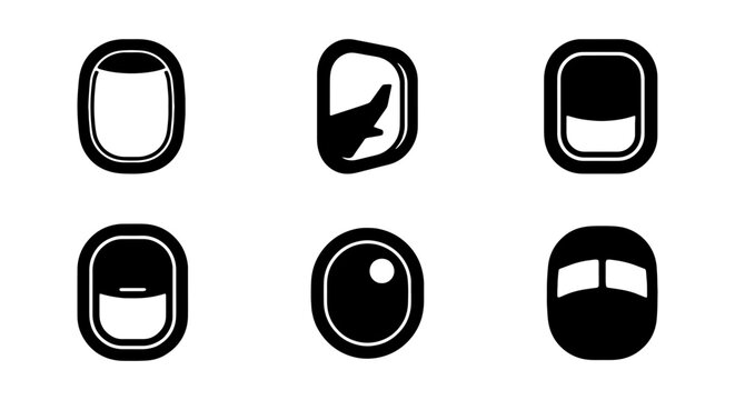 Airplane Window Icons, Aviation Porthole Vector Set, Travel View Symbols, Aircraft Cabin Glass Collection, Black and White Graphic Elements