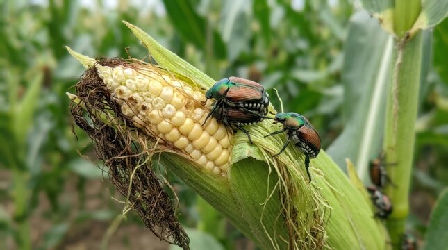 Several iridescent green June beetles are perched on a freshly opened ear of corn in a field. The beetles are actively feeding on the corn kernels and silks.
