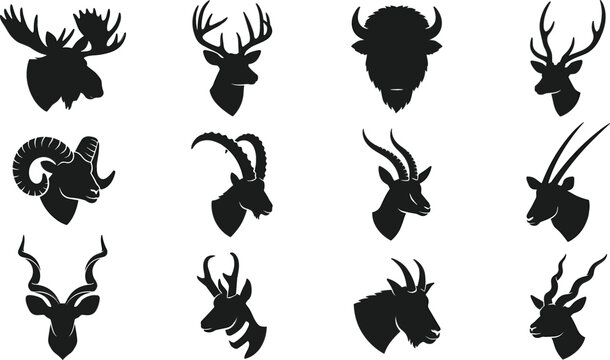 Horned Wildlife Animal Head Silhouette Vector Icon Set Featuring Deer Moose Bison and Antelope for Hunting Outdoor Designs