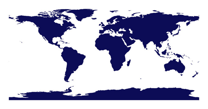 Minimalist navy blue flat world map silhouette for global design