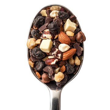 A spoonful of trail mix with a mix of sweet and salty treats. full length isolate on transparent background
