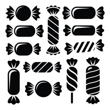 A collection of various wrapped candy in a simple black and white silhouette style