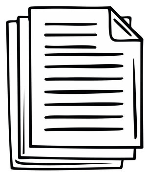Hand drawn outline of a stack of documents with text lines and a folded page corner depicting files or paperwork
