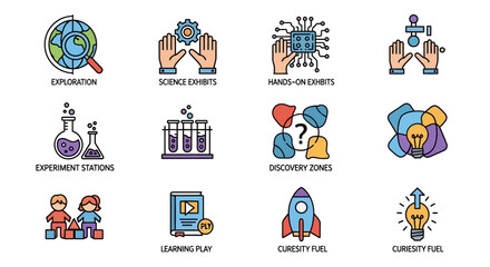 Fototapeta premium Science Education Icons: Exploration, Experiments, Discovery, Innovation