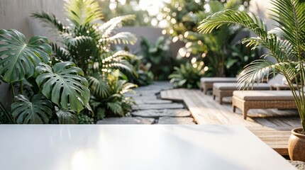 Fototapeta premium Tropical Garden with Stone Path and Lounge Furniture for Web Design