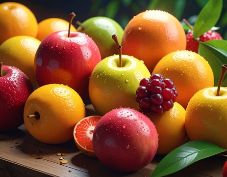 Vibrant, high-detail macro photograph of a bountiful assortment of fresh, wet fruits, including apples, oranges, and grapes, artfully arranged on a wooden surface, showcasing a healthy harve