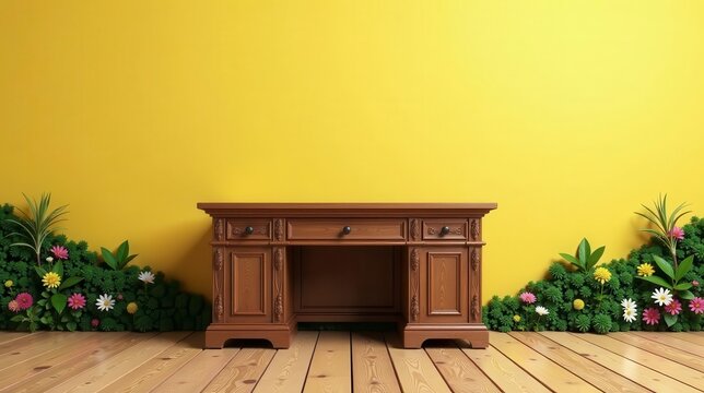 A classic wooden writing desk sits against a vibrant yellow wall, flanked by flourishing green floral arrangements on a light brown wood floor.