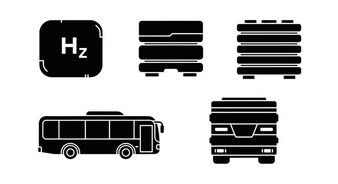 Set of black icons: Hz symbol, bus, and stacked containers