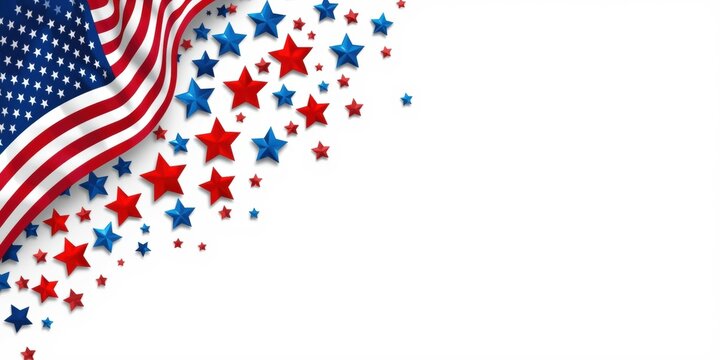 Festive american flag fabric corner with scattered glossy red and blue metallic stars on a white background space