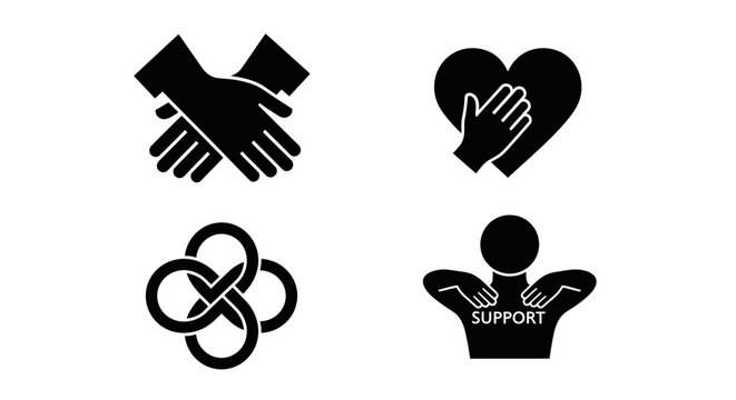 Set of Icons: Handshake, Heart Support, Infinity Symbol, and Helping Hand
