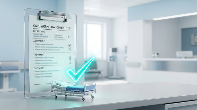 Care workflow completed concept with clipboard and hospital bed model, symbolizing patient treatment and discharge process in bright medical environment