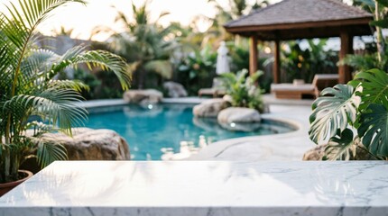 Obraz premium Luxury Pool with Tropical Plants and Marble Counter for Web Design