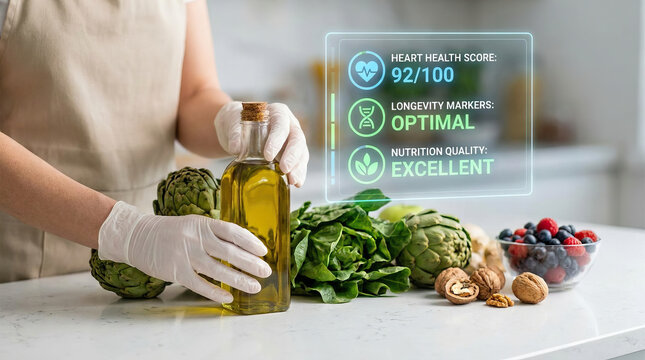 Healthy food nutrition longevity concept with olive oil and fresh vegetables on kitchen table and digital health score display for heart and nutrition quality
