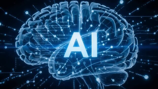 Artificial intelligence brain concept with glowing blue circuit board pathways in a digital motion video animation