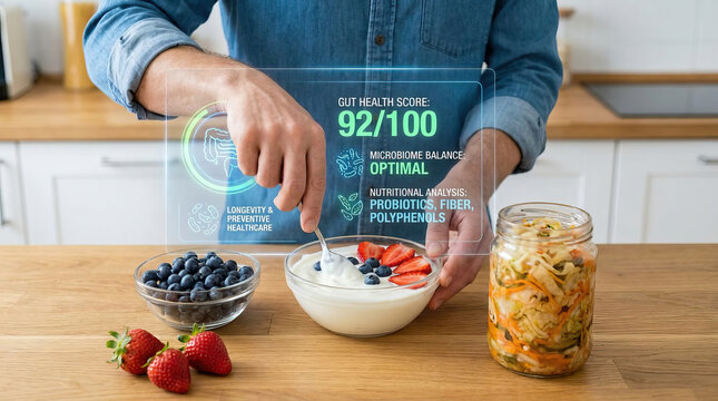 Gut health score microbiome balance optimal probiotics fiber polyphenols yogurt bowl with fresh strawberry blueberry and jar of fermented vegetables on wooden table for gut microbiome care