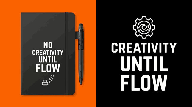 Conceptual graphic design illustrating the journey to creative flow state with an inspiring message on a notebook and a symbolic icon