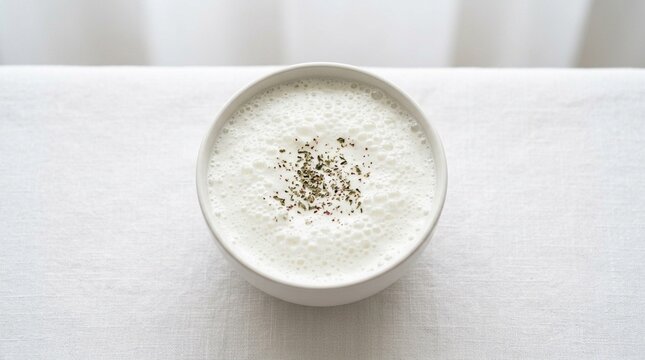 Ayran white frothy frothy white ayran yoghurt drink in white glass on white table close overhead
