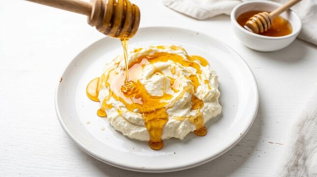 Bal kaymak honey cream bal kaymak Turkish honey poured over thick clotted cream on white plate white table close