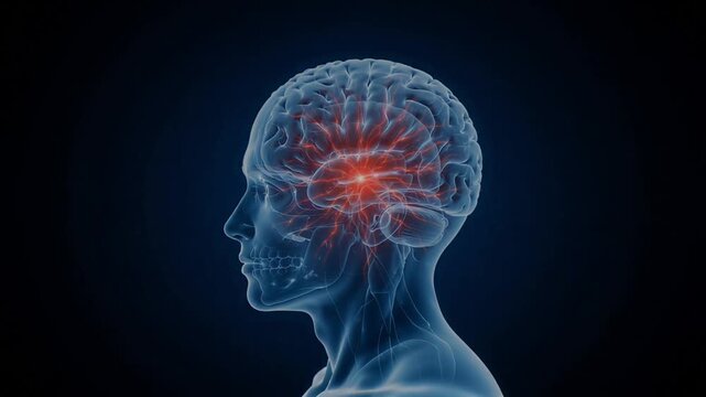 Human brain glowing with neural activity in a digital animation motion clip for medical research