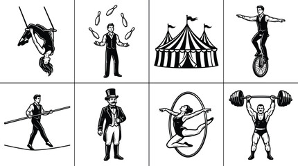 Circus Performance Silhouette Icons Featuring Trapeze, Juggler, Tent, Ringmaster, Acrobat, Tightrope Walker, Unicycle, and Strongman © Creative Crave