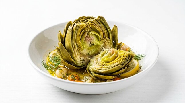 Zeytinyağlı enginar artichoke whole braised artichoke in olive oil lemon on white plate white table