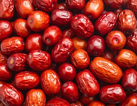 Macro detailed view of dried red jujube fruits, exhibiting rich textures and deep crimson hues, presented in a full frame still life against a blurred background.