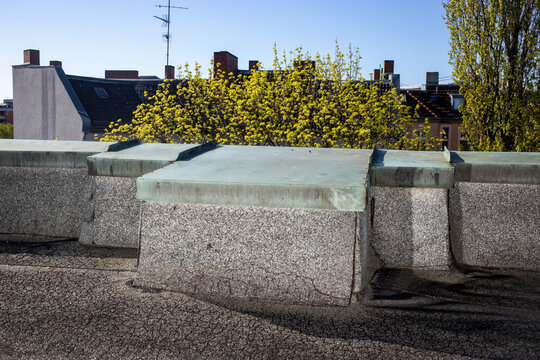 Cityscape with flat roofs in spring