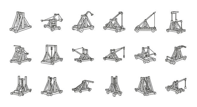 Vintage wooden siege weapons set catapult trebuchet and ballista monochrome illustration