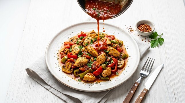 Tavuk sote chicken saut&eacute; tavuk sote chicken with tomato pepper mushroom on white plate overhead