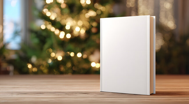 A picture of a blank book cover template standing in front of a Christmas tree background. A mockup of a winter holiday gift for promotional purposes. An image of a magazine mockup from the front.