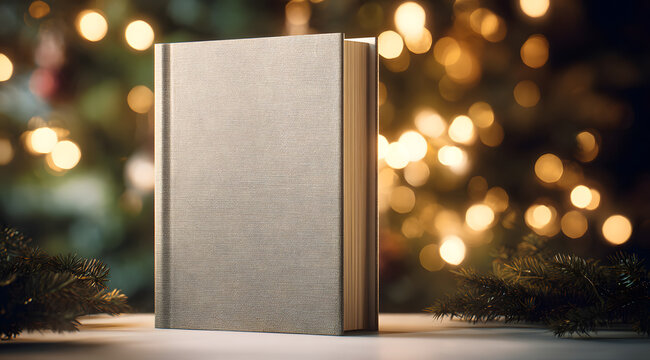 A picture of a free book cover template standing against a background with a Christmas tree. A mockup of winter holiday gifts for promotion. A front view of a magazine mockup.