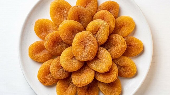 Dried apricot Malatya pale golden Malatya dried apricots on white plate on white table close macro overhead
