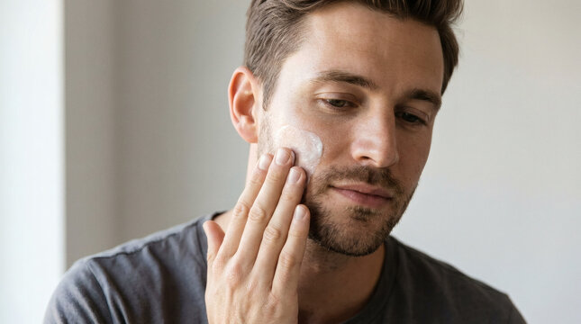 Man touching his chin thoughtfully with a neutral expression
