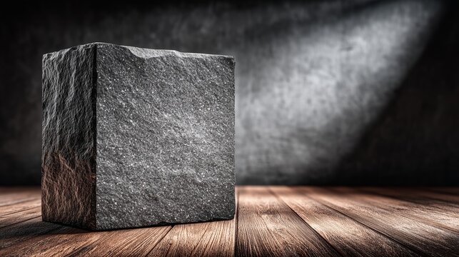 Rough black stone block pedestal on rustic wooden floor