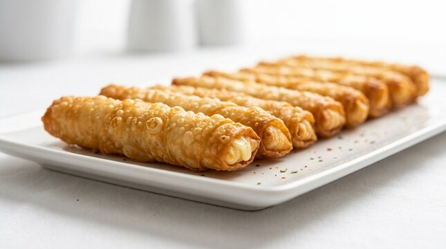 Sigara b&ouml;reği fried cigar golden crispy sigara b&ouml;reği cheese filo cigars in a row on white plate white table