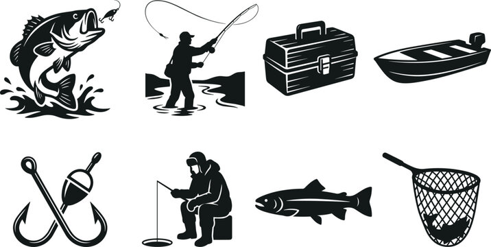 Fishing and Angling Silhouette Icons Featuring Fish, Hooks, Boat, Net, Tackle Box, Fly Fishing, and Ice Fishing