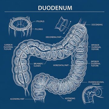 Detailed anatomical diagram of the human duodenum structure.