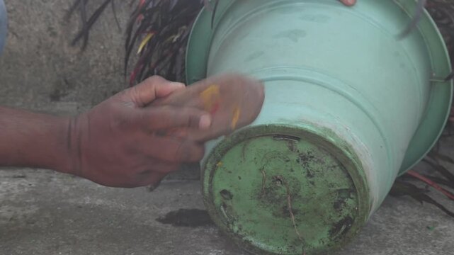 A person is cleaning a green plastic flowerpot by hand using a coconut coir brush. In which a green plant is planted. One hand holds the edge of the pot while the other scrubs the damaged surface.