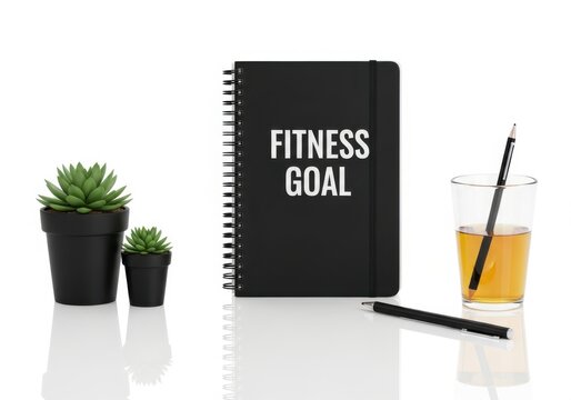 Black fitness goal notebook with potted plants and drink isolated on white background