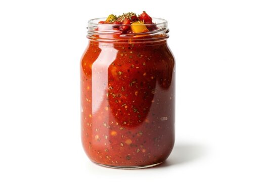 A full glass mason jar filled with chunky red salsa and toppings isolated on white background