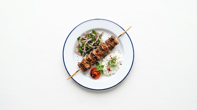 Lamb şiş marinated tender marinated lamb şiş skewer on white plate with grilled tomato and pepper