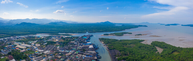Obraz premium Aerial view of the sea and mountains at Ranong province, Thailand.