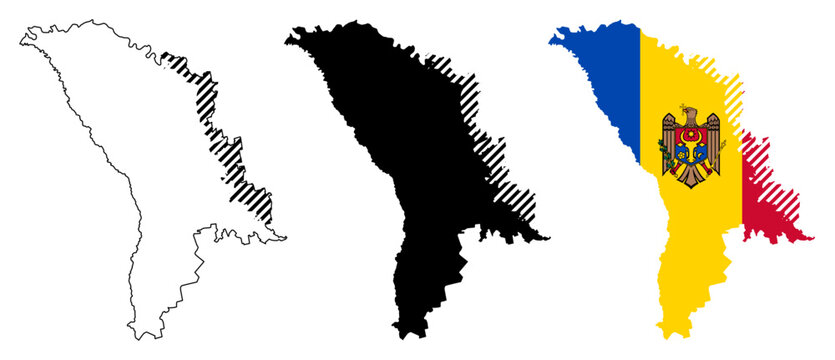 Moldova Map Silhouette with National Flag, Border Outline, and Striped Transnistria Region Territory