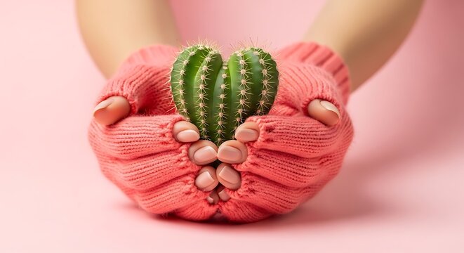 Woman's hands in pink gloves holding a small green cactus on pink background