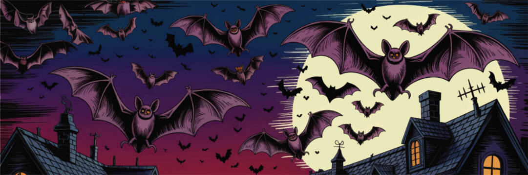Spooky Halloween bats flying over rooftops at full moon night, vintage horror comic style illustration with dark purple sky