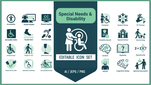 Collection of accessibility icons representing diverse needs and assistive technologies for inclusion and universal design