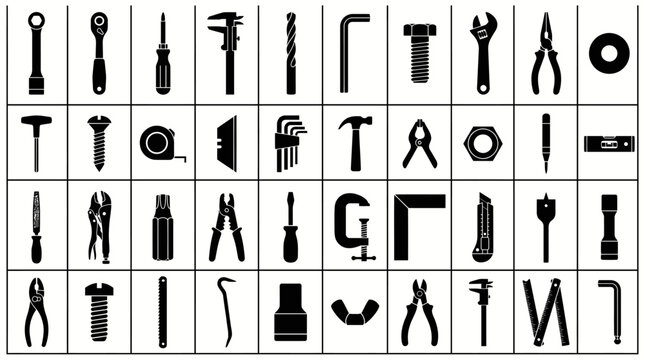 Collection of various hand tools on a grid background