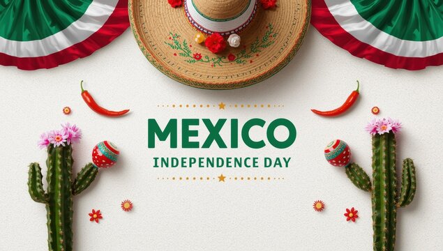 Festive mexico independence day flat lay with sombrero maracas cacti and chili peppers on white background