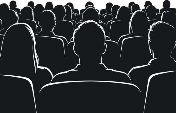 Silhouette of an audience sitting in a movie theater or conference hall.